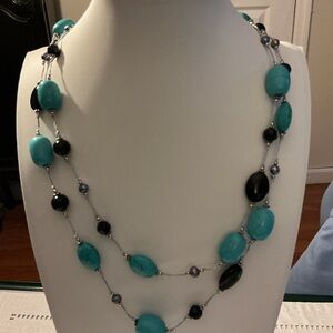 Turquoise Glass Opera Length Silver Tone Necklace